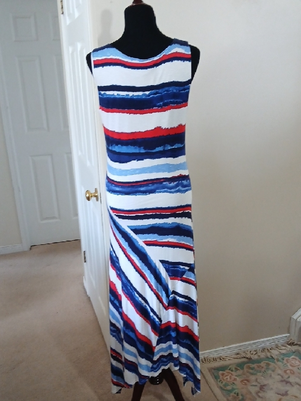 Tribal Sleeveless Maxi Dress in White, Blue & Red Stripes - Picture 5 of 14